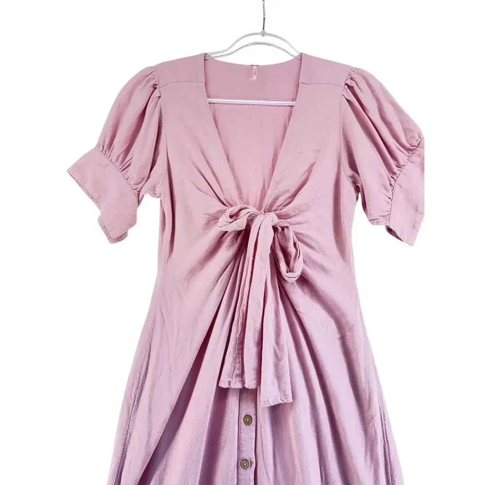 Free People endless summer Pink Tie Front Midi Dress Cottagecore Puff Sleeve  M